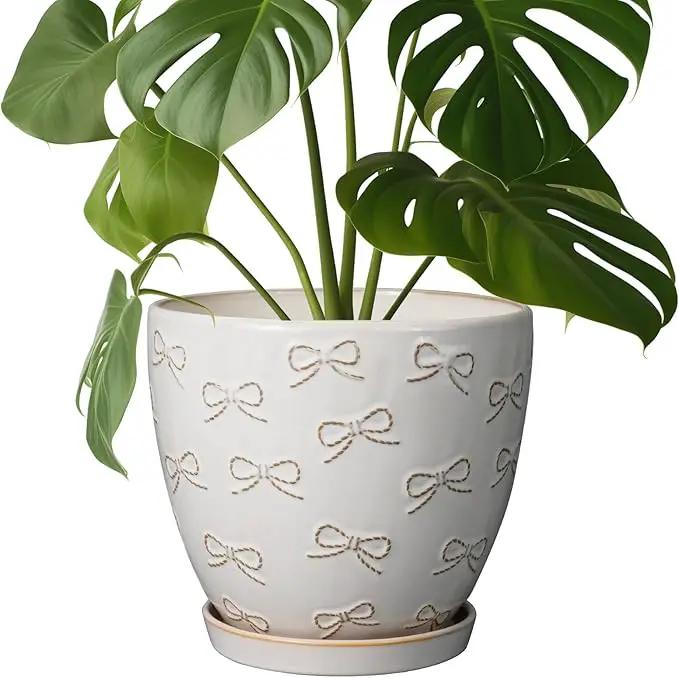 Ceramic Pots for Plants - 8 Inch Plant Pot with Drainage Hole and Saucer Large Planter Pot for Indoor Plants Outdoor Modern Flower Pot Home Decor White by GreenHaven Gardens