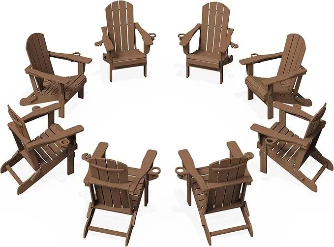 KINGYES Folding Adirondack Chair Set of 8, Dual Cup Holders & All-Weather HDPE, Wood-Like Patio Chair for Backyard, Camping, Pool & Fire Pit, Brown by GreenHaven Gardens