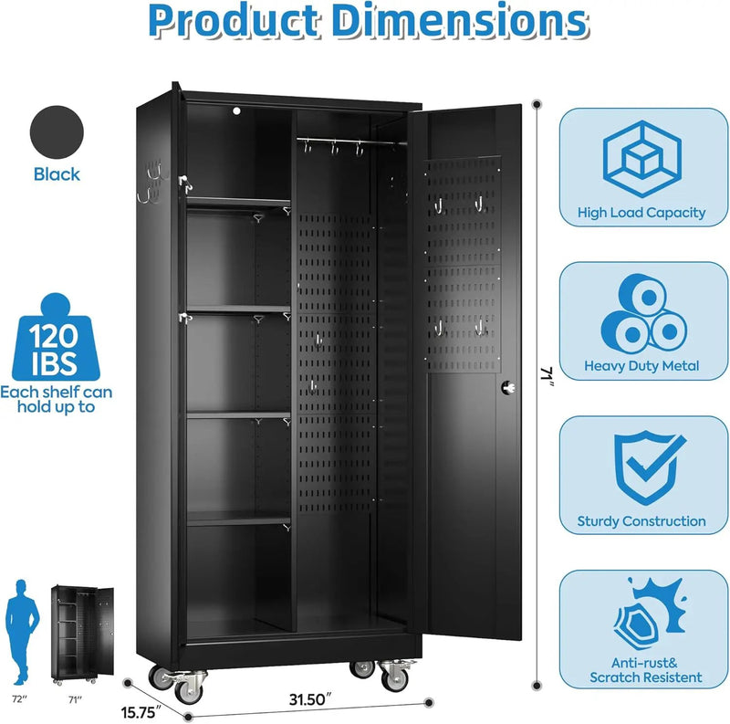Garage Storage Cabinet with Wheels and 5 Pegboard, 71" H Metal Storage Cabinets with 2 Locking Doors and 4 Shelves, Broom Closet Storage Cabinet with Hanging Rod and 13 Hooks, Black by GreenHaven Gardens