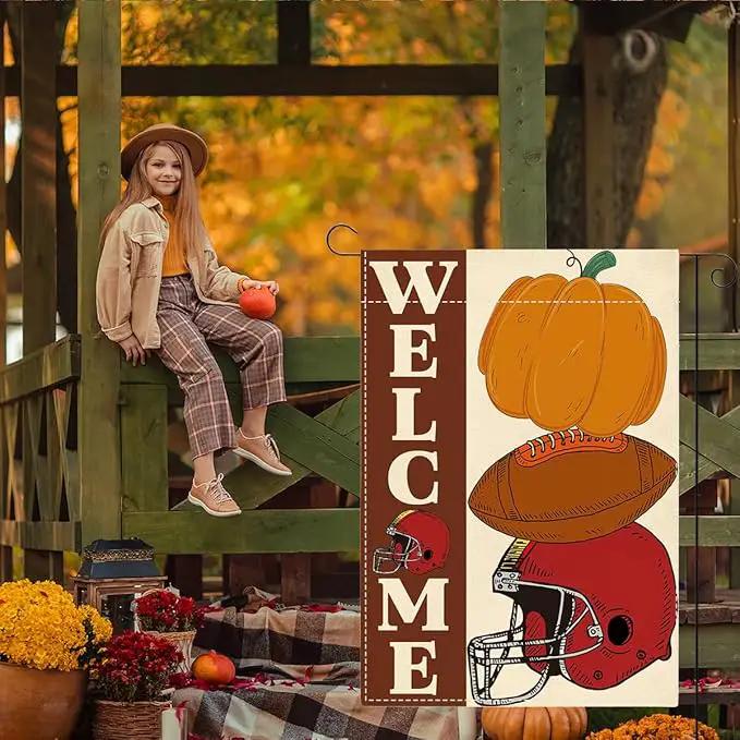 Fall Welcome Garden Flag Autumn Pumpkin Football Garden Flag 12x18 inch Double Sided Fall Thanksgiving Flags for Yard Outdoor Front Door (Flay 1803) by GreenHaven Gardens