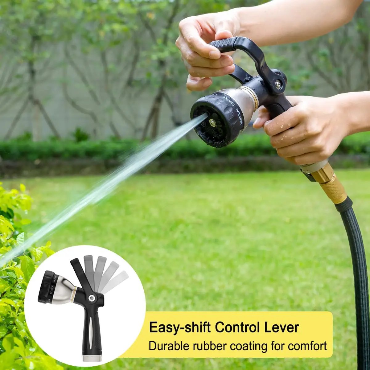 FANHAO Heavy Duty Fireman's Hose Nozzle, Metal Water Nozzle with 8 Spray Patterns，High Pressure Garden Hose Sprayer with Lever Control and Non-Slip Grip to Water Lawns & Plants, Wash Cars & Clean by GreenHaven Gardens