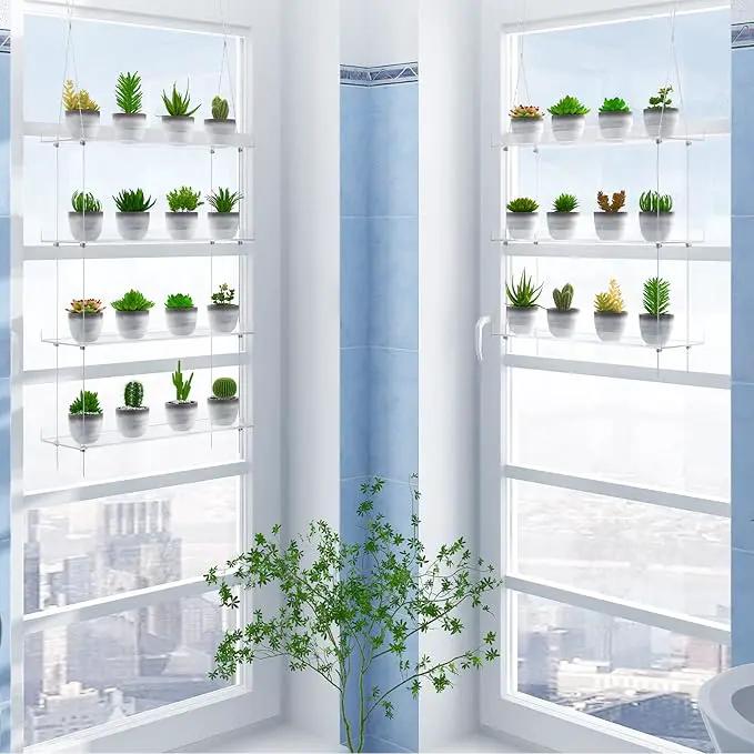 4-TierClear Plant Shelves, Height Adjustable Hanging Acrylic Indoor Wall Hanging Plant Stand Flower Display, Flower Pot Organizer Storage for Window Grow Herbs, Microgreens, Succulents, 16 Inch by GreenHaven Gardens