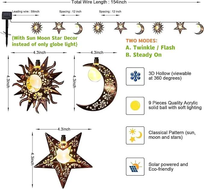 Solar String Lights Outdoor Star Moon Sun 13Ft 153In Led Solar Powered Fairy Decorative Lights for Garden Patio Yard Trees Mothers Day Gifts Wedding Party (Warm White) (Star Moon Sun String Lights) by GreenHaven Gardens