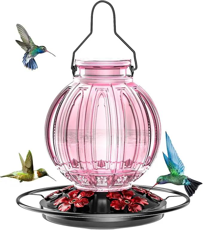 Glass Hummingbird Feeder for Outdoors Hanging, Bird Nectar Feeder with Perch & 5 Flower Feeding Ports, 26 Oz Leak Proof for Outside Garden Decor Backyard, Gifts for Women Mom, Pink by GreenHaven Gardens