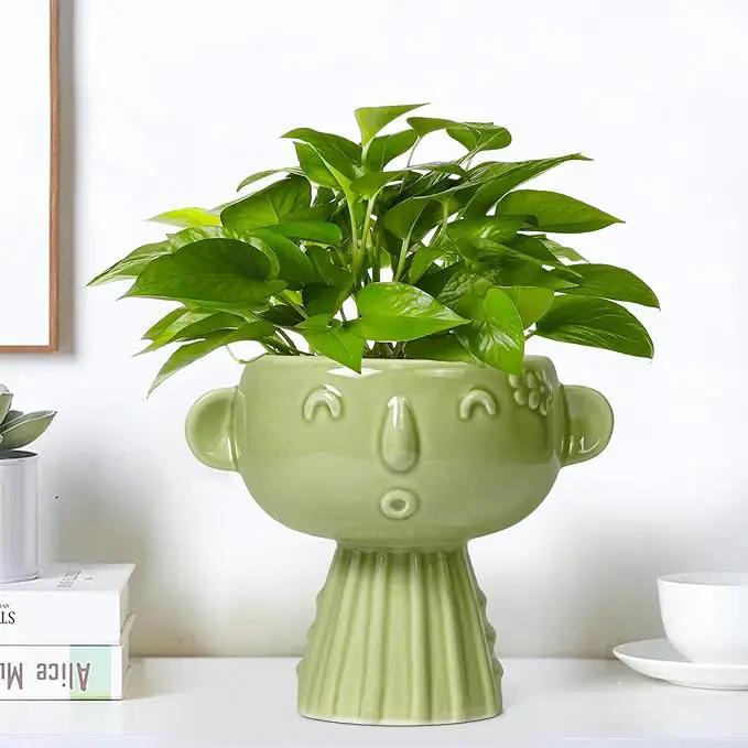 Face Planter Pot - 7 Inch Ceramic Head Planter for Indoor Plants Outdoor, Cute Succulent Flower Pots with Drainage Hole, Room Home Garden Decor, Gardening Gifts, Green by GreenHaven Gardens