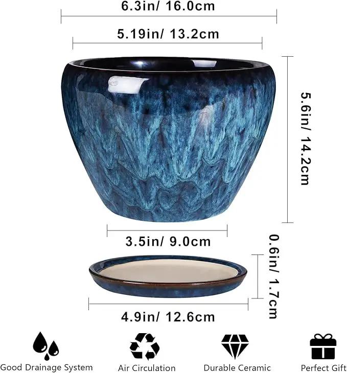 Ceramic Modern Glaze Succulent Planter Pot with Drainage Hole and Saucer 6 Inch Round Flower Plant Pot for Indoor Outdoor Herb Snake Plants by GreenHaven Gardens