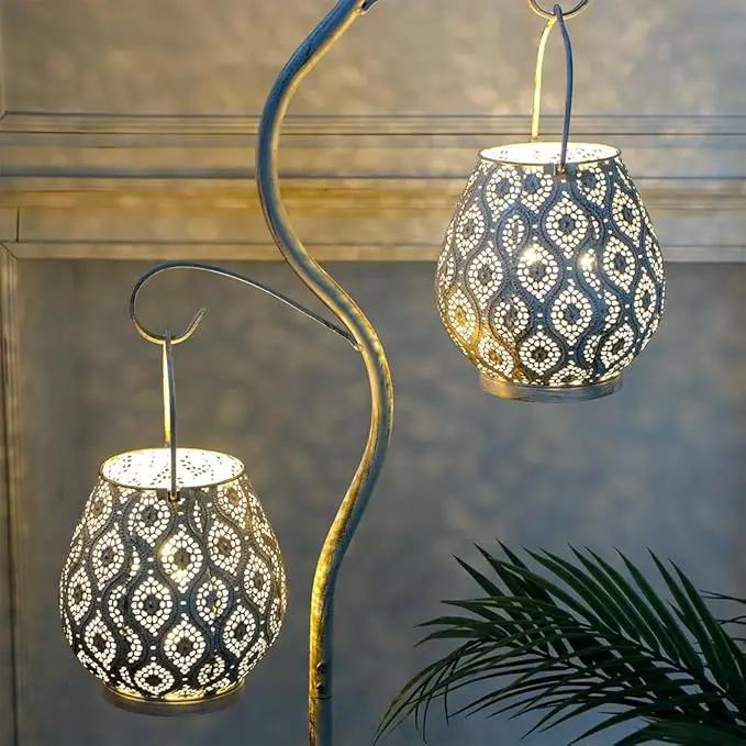TRIROCKS Set of 2 Moroccan Decorative Lamps 8'' High Battery Powered Cordless Lamp Metal Table Lamps with Fairy Lights Bulb for Home Living Room Garden Yard Party Events Tabletop Indoor Outdoor(White) by GreenHaven Gardens