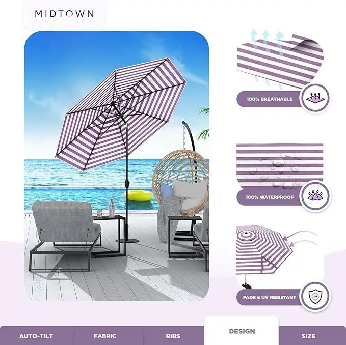 Midtown Umbrellas 10-Year-No-Fade - 9 Ft - UV Proof Purple Stripe Polyester Fabric - Umbrella Outdoor Patio, Auto-Tilt Aluminum Frame Patio Umbrella for Garden, Pool & Deck - Black Pole by GreenHaven Gardens