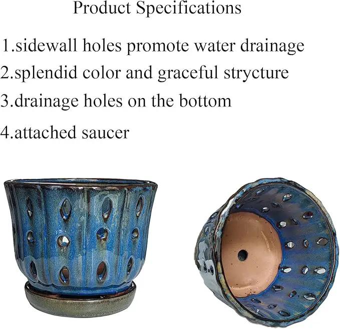 6 inch Round Ceramic Orchid Pot with Holes Orchid Planter (Dark Blue) by GreenHaven Gardens