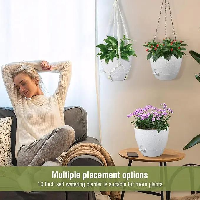 10 inch Self Watering Hanging Planters, 2 Pack Hanging Baskets for Indoor Outdoor Plants, Hanging Flower Pots with Drainage Holes and 2 Kinds of Plant Hangers for Garden Decor, Speckled White by GreenHaven Gardens
