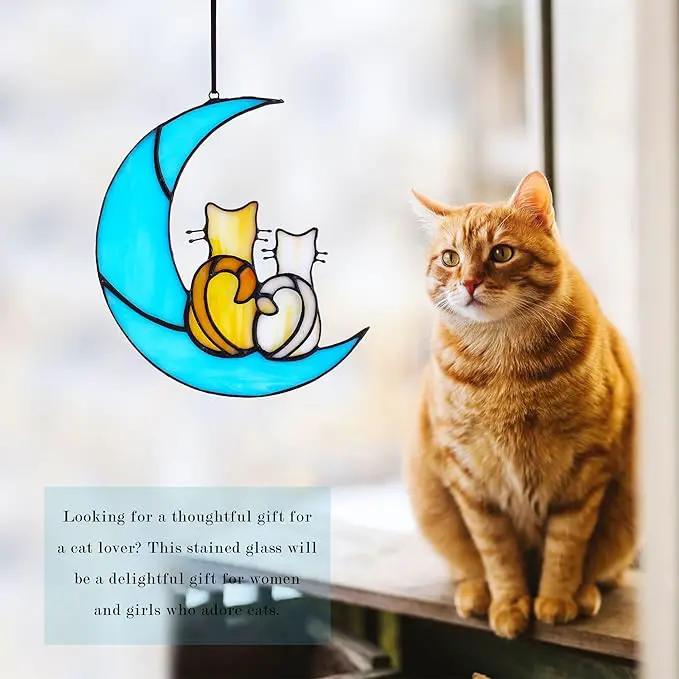 HDCRYSTALGIFTS Couple Cat Sitting on Moon Stained Glass Window Hanging, Modern Art Suncatcher for Window, Wall Decor,Cat Lover Gifts for Women/Girls by GreenHaven Gardens