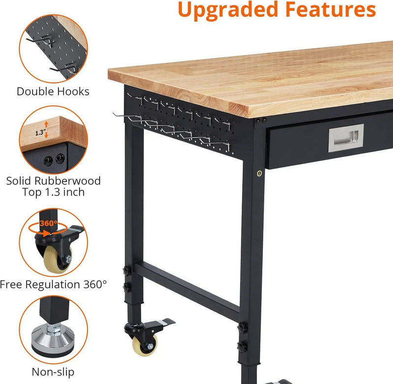 48'' Adjustable Workbench on Wheels, 2000LBS Heavy Duty Worktable with Power Outlets & Drawers, Rubberwood Workstation for Workshop, Garage, Office, Home by GreenHaven Gardens