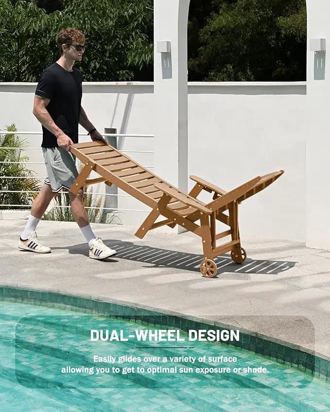 Lounge Chair Outdoor Set of 2, HDPE Chaise Lounge Outdoor with 6-Position & Wheels &Cup Holder, Pool Lounge Chair for Pool Poolside Deck Backyard Patio, Teak by GreenHaven Gardens