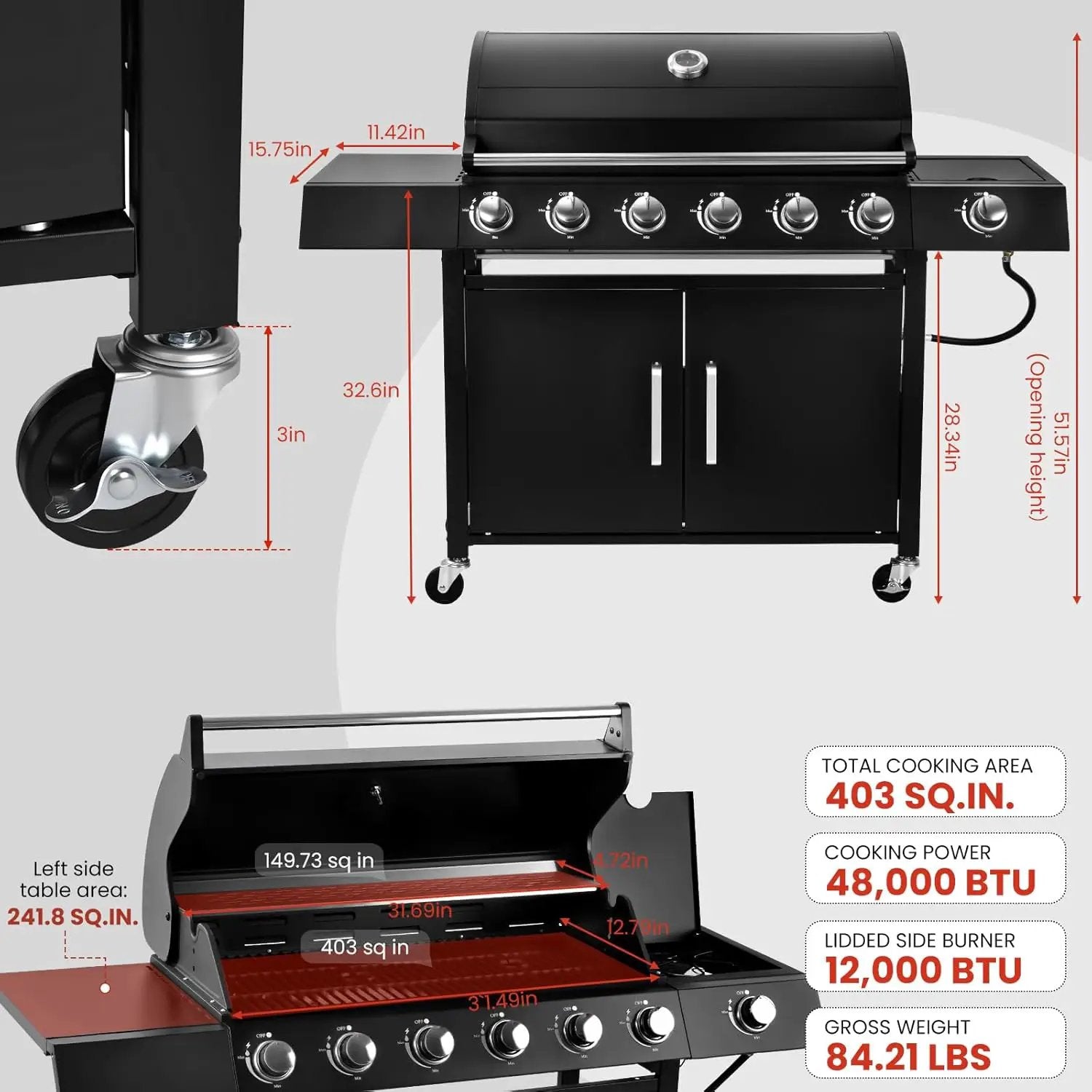 Q032-6-Burner w/Side Burner Gas Grill with 403 SQ.IN. Outdoor Grill with 60,000 BTU,Propane Grills with Top Cover Lid,Grills Outdoor Cooking for Patios,Balcony,Camping,Garden by GreenHaven Gardens