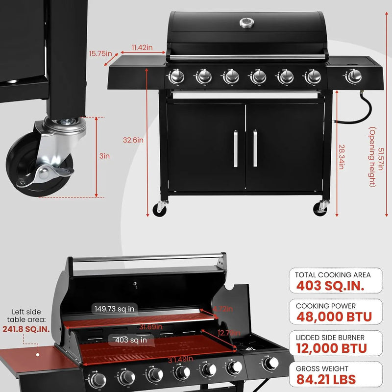 Q032-6-Burner w/Side Burner Gas Grill with 403 SQ.IN. Outdoor Grill with 60,000 BTU,Propane Grills with Top Cover Lid,Grills Outdoor Cooking for Patios,Balcony,Camping,Garden by GreenHaven Gardens