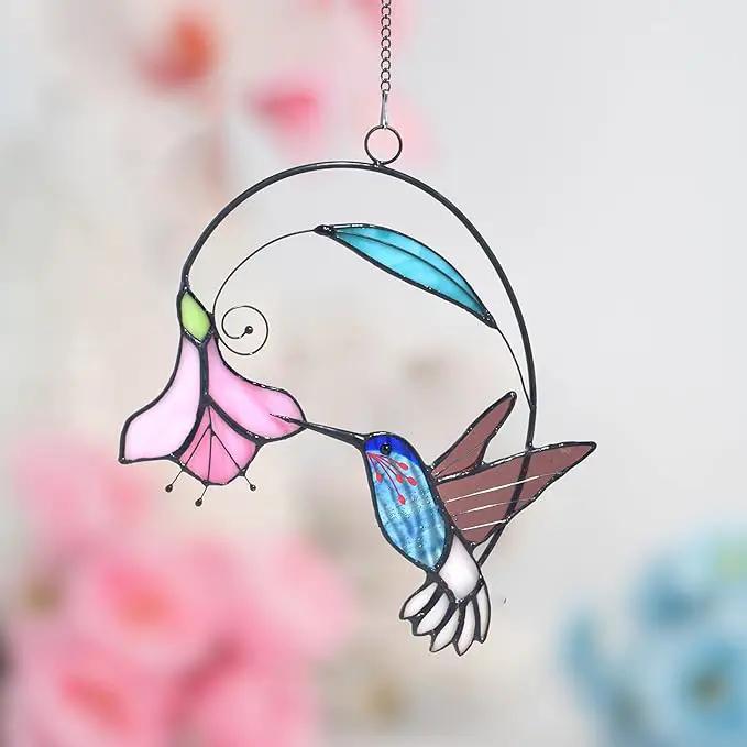 Lolitarcrafts Stained Glass Hummingbird Window Hangings with Flowers, Bird Stained Glass Suncatcher for Window Decor Hummingbird Gifts for Mom,Bird Lovers (Blue with Flower B) by GreenHaven Gardens