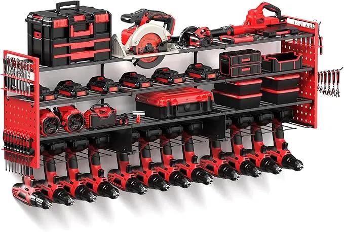 Power Tool Organizer Wall Mount with 12 Drills Holder, 49" Heavy Duty 4-Tier Power Tool Storage Rack, DIY Pegboard Side Panels,4 Long Hooks, Garage Metal Tool Shelf for Battery,Drills by GreenHaven Gardens