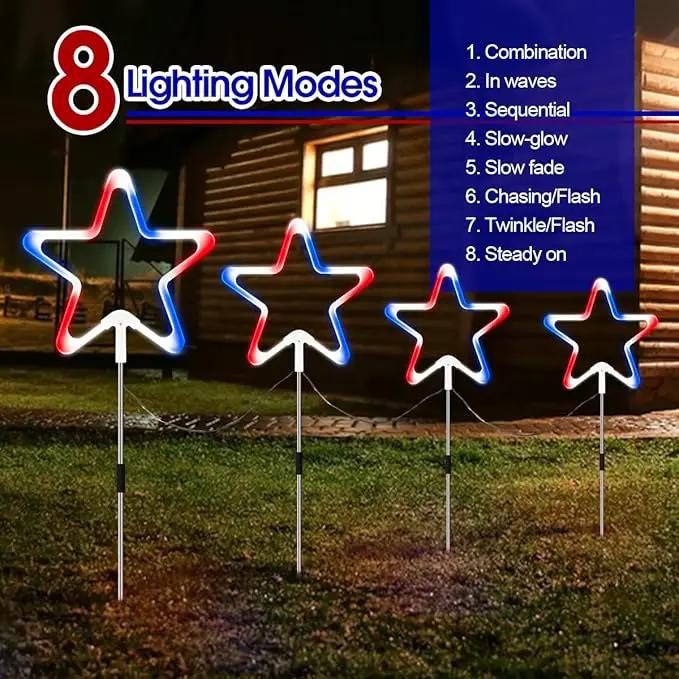4th of July Decorations Red White and Blue Light, 4PCS Big LED Neon Star Pathway Lights Outdoor, Patriotic Garden Stake Lights with 8 Modes Waterproof for Independence Day Yard Lawn Decor by GreenHaven Gardens