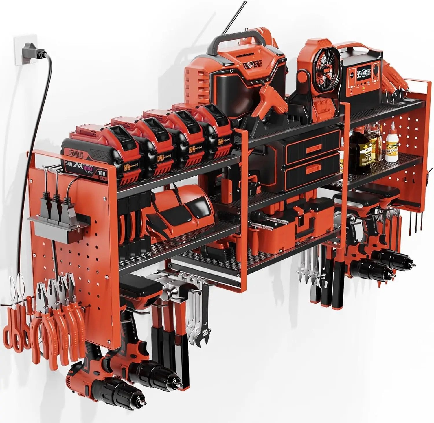 Power Tool Organizer with Charging Station Wall Mount, 3 Layer Expanded Heavy Duty Garage Organization, 48.8 Inch Length Garage Tool Storage, 4 Drill Slot, 16" Standard Hole, Red by GreenHaven Gardens