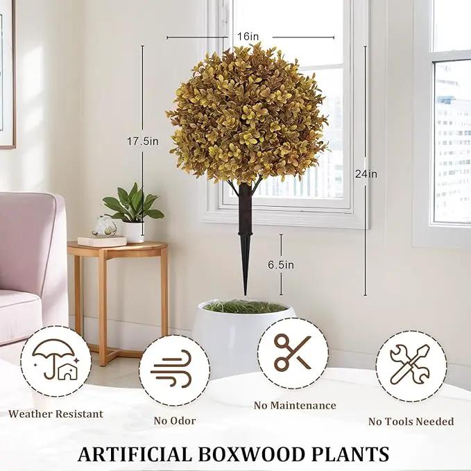 24" Tall Artificial Boxwood Ball Fall Topiary Trees Set of 2, UV Resistant Large Faux Plants Outdoor, 2ft Fake Bushes and Shrubs Look Real with Stake for Front Porch Outside Planter Backyard Decor by GreenHaven Gardens