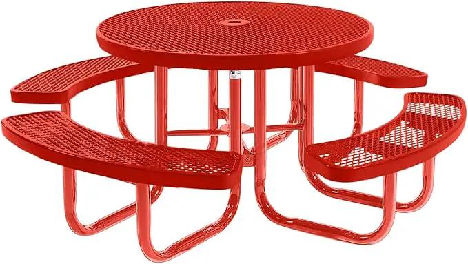 Heavy-Duty Portable Outdoor Picnic Table with Umbrella Hole, Expanded Metal Commercial-Grade Patio Furniture Made in America (46" Round Top, Red with Red Frames) by GreenHaven Gardens