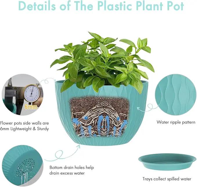 12 Inch Large Plant Pots for Indoor or Outdoor Plants, Wide Water Ripples Flower Pots with Drainage Holes & Saucer, Plastic Planters Set for Garden & Home Decor (Blue Green) by GreenHaven Gardens