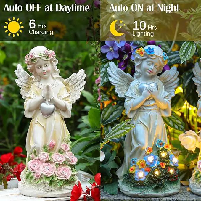 Angel Garden Statue 2Pcs,Love Heart Solar Garden Decor with Warm Light,Waterproof Praying Angel Statue with Flowers,Outdoor Garden Decor Sculpture for Lawn Yard Patio Garden Gifts,Apricot by GreenHaven Gardens