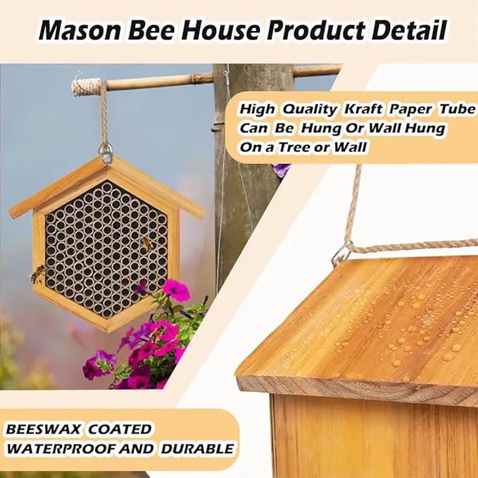 Mason Bee House Wax Coated Bee Hotel, Pollinator House Waterproof, Natural Handmade Wooden Mason Bee Hotel for Pollinating Bees Garden Supplies by GreenHaven Gardens