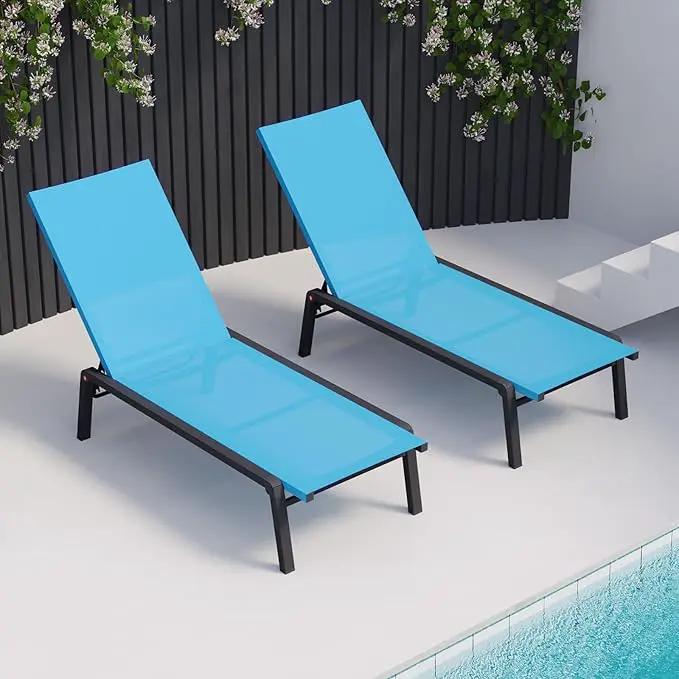 Patio Chaise Lounge Set of 2 with 4 Adjustable Backrest, Foldable Aluminum Chaise Lounge Chair Recliner for Outdoor, Poolside, Sun Tanning Blue by GreenHaven Gardens