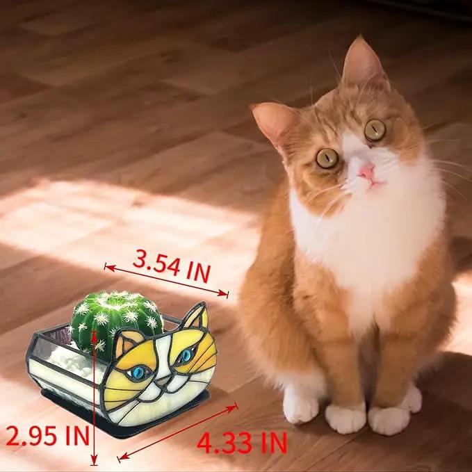 Stained Glass Yellow Cat Flower Pot,Small Succulent Planter for Indoor Plants,Cat Plant Decoration for Windowsill 4.33x3.54x2.95 in（Excluding Plants） by GreenHaven Gardens