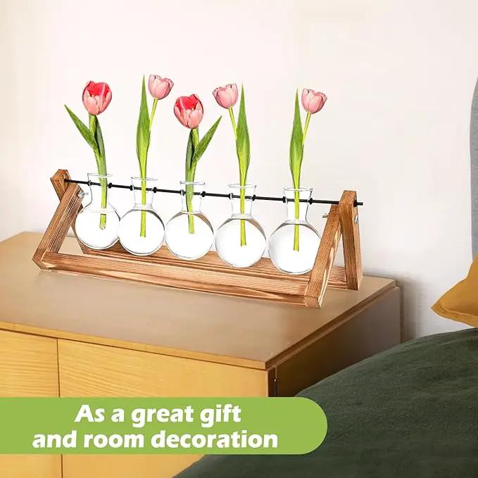 Retro Wood Stand Plant Terrarium with 5 Air Planter Bulb Glass Vases, Perfect for Home, Office, or Wedding Decor. Great Desktop Propagation Station and Plant Lover Gift for Women (5 Bulb Vase) by GreenHaven Gardens
