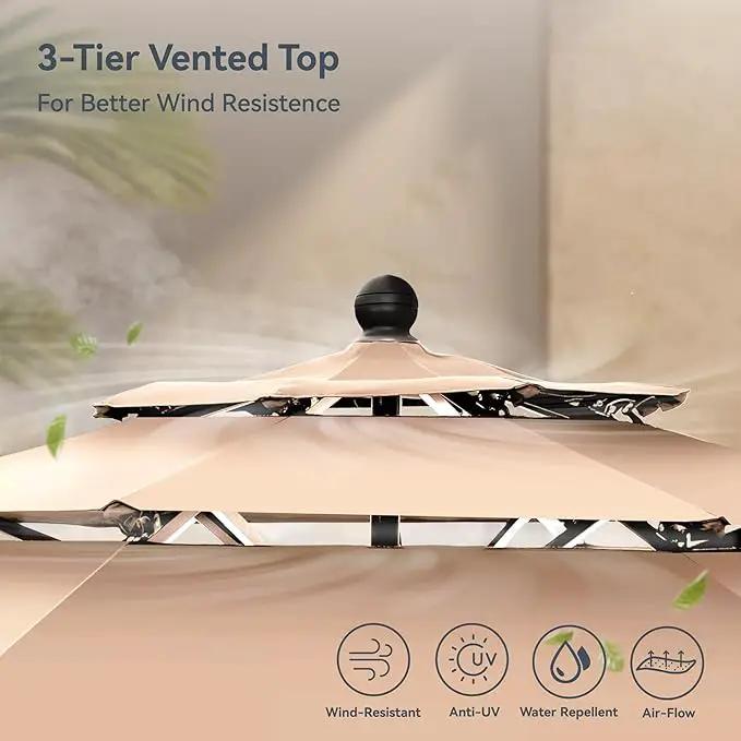 PHI VILLA 10ft Patio Umbrellas, Outdoor 3 Tier Vented Large Market Table Umbrella with 8 Sturdy Ribs and 1.5" Umbrellla Pole for Lawn Poolside Garden Terrace, Beige(No Base) by GreenHaven Gardens