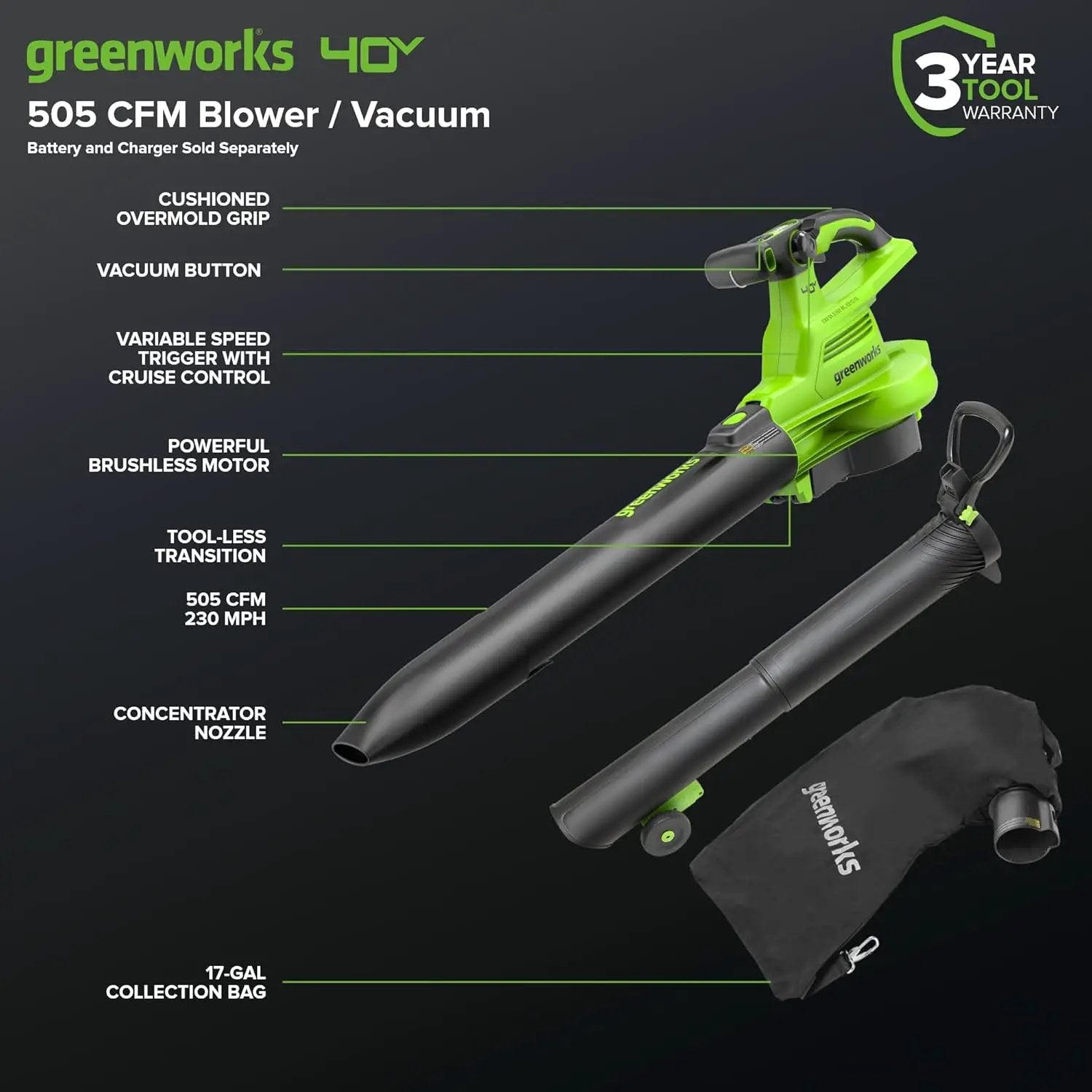 Greenworks 40V (230 MPH / 505 CFM) Cordless Brushless Leaf Blower/Vacuum with Bag, High Power, Lightweight & Quiet for Yard Debris Cleanup, Battery and Charger not included by GreenHaven Gardens