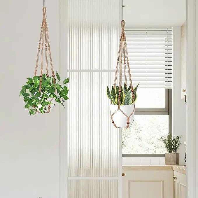 Jute Macrame Plant Hanger Indoor Set of 2 Hanging Planter Basket Flower Pot Holder with Decorative Wood Beads & No Tassels for Indoor Outdoor Boho Home Decor, 35 Inch Brown (Pots Not Included) by GreenHaven Gardens