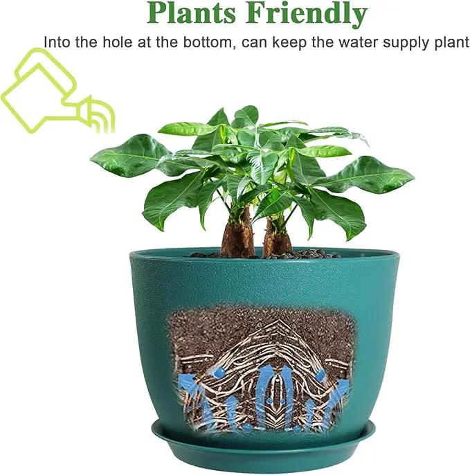 12/10/9 Large Modern Plant Pots, Plastic Planters with Drainage Holes and Saucers for Indoor Outdoor Plants Flowers, Malachite Green by GreenHaven Gardens