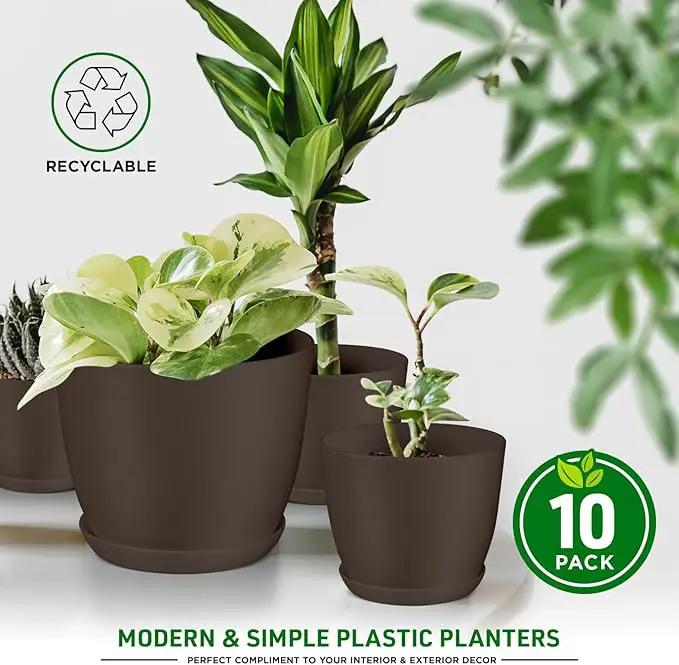 Planter Pots with Drainage Holes - Lightweight, Durable & Space-Saving Pots for Indoor and Outdoor - Versatile Functionality, Simple Modern Design, Set of 10 Plastic Planter Pots - Brown by GreenHaven Gardens