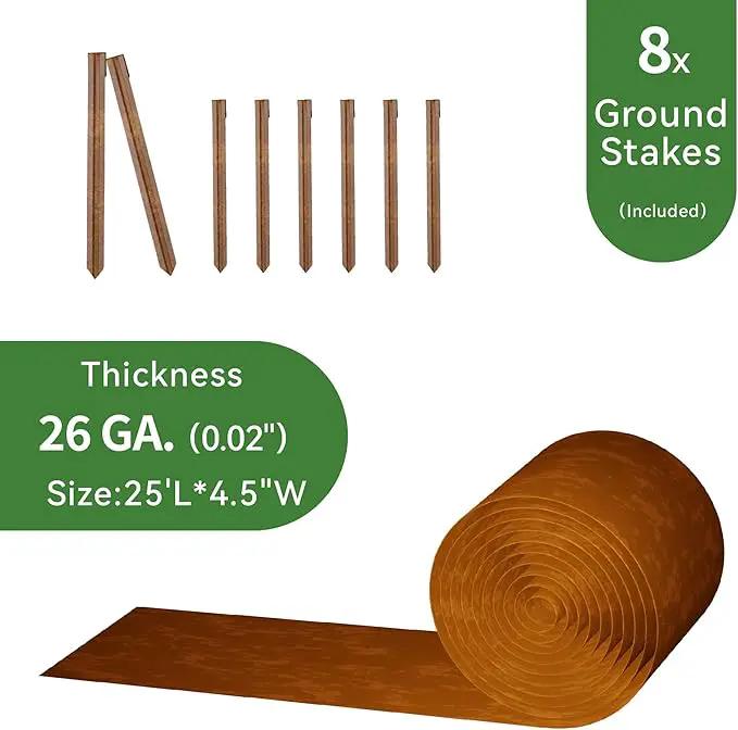 Worth Galvanized Steel Landscape Edging 4.5" x25' Metal Garden Edging Roll Flexible Bender Border with 8Pcs Stakes for Lawn, Flower Bed Edges, Rust-Like Color by GreenHaven Gardens