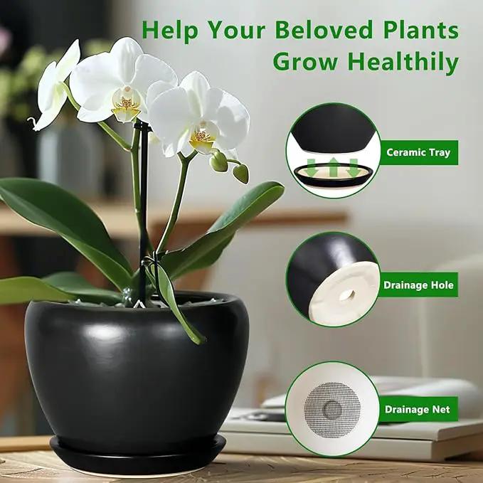 Ceramic Pot for Plants - 10 Inch Plant Pot Indoor with Drainage Hole and Saucer Large Planter Decorative Planter Modern Outdoor Flower Pot for House Balcony Black by GreenHaven Gardens