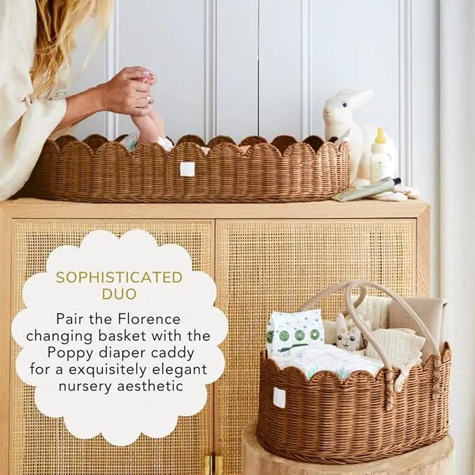BEBE BASK Premium Baby Changing Basket - Artisan-Crafted Scalloped Rattan - Changing Basket for Baby Dresser - All Accessories Included - Complete Set for Nursery (Mocca) by GreenHaven Gardens