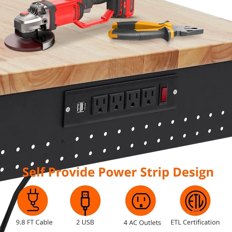 75'' Adjustable Workbench on Wheels, 2000LBS Heavy Duty Worktable with Power Outlets, Rubberwood Workstation for Workshop, Garage, Office, Home by GreenHaven Gardens