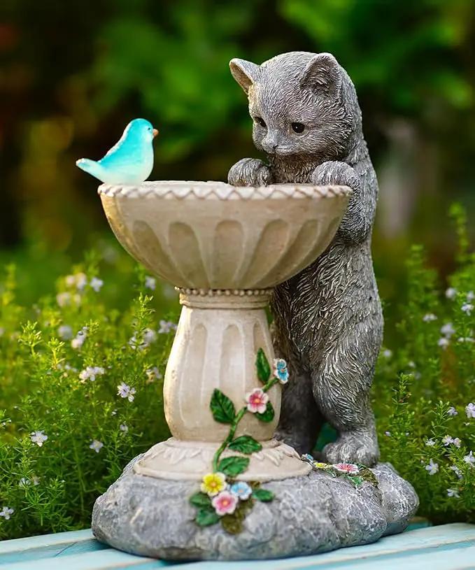Solar Cat Statues for Bird Bath: Outdoor Sculptures for Garden Lawn Patio Yard Balcony Porch - Unique Gifts for Mother Grandma Women by GreenHaven Gardens
