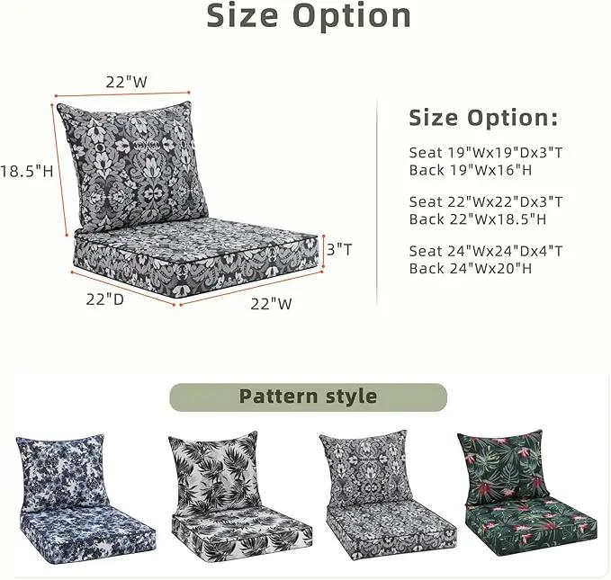 Favoyard Outdoor Seat Cushion 22 x 22 x 3 in Waterproof Pattern Fade Resistant Cover Removable Patio Furniture Cushions Deep Seat & Back Cushion Set with Adjustable Straps for Patio Chair Sofa Couch by GreenHaven Gardens