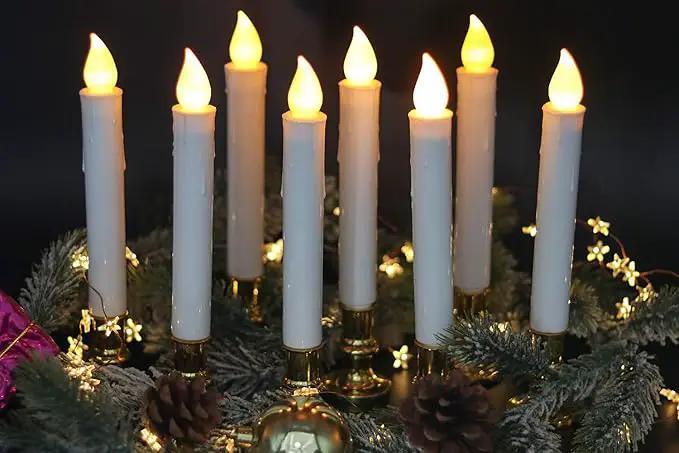 DRomance 9" Flameless Window Taper Candles Battery Operated with 8-Key Remote and Timer, 8 Pack White Christmas Holdiay Window Candles with Gold Holders, Suction Cups and AA Batteries Included by GreenHaven Gardens