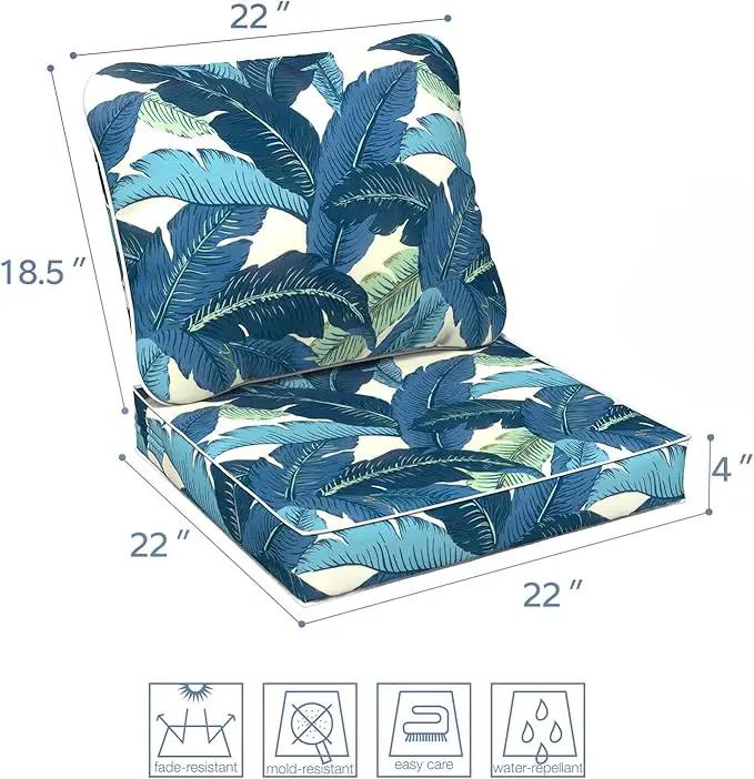 LVTXIII Outdoor Deep Seat Cushion 22"x22"x4" Patio Seat and Back Cushion Set Seasonal Chair Cushion for Dining Arm Chairs, Wicker Chairs and Garden Furniture Decoration, Swaying Palms Blue by GreenHaven Gardens
