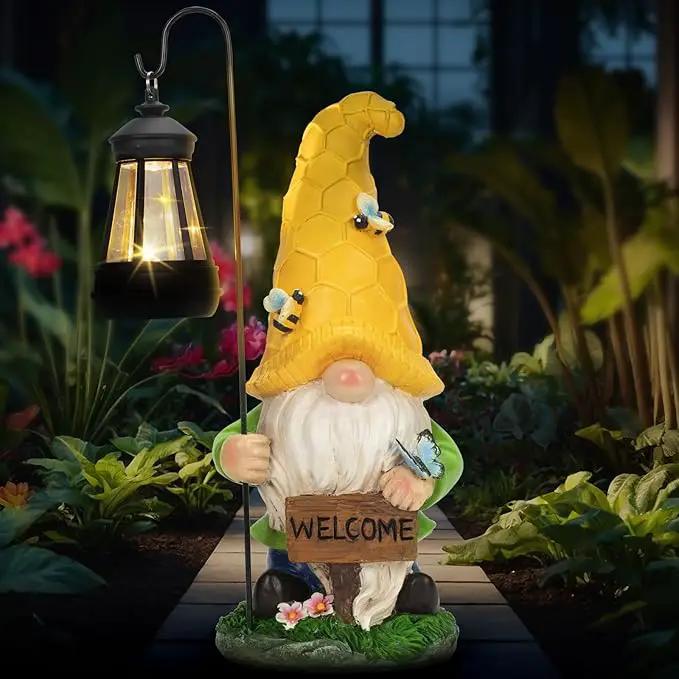 12.6'' Solar Garden Gnomes Outdoor Statues with Lantern, Welcome Gnome Garden Outdoor Decor Gift Waterproof Decoration for Patio, Balcony, Yard Ornament - Unique Housewarming Gifts by GreenHaven Gardens