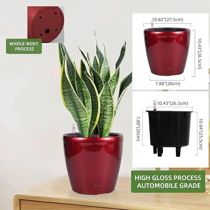 Dexceder 11x10 Inches High Gloss Self Watering Planter Indoor Outdoor, Inner Pot Design, Thickened Table Flower Plant Pot with Water Level Indicator (Red) by GreenHaven Gardens