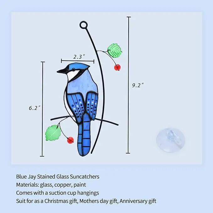 Lolitarcrafts Blue Jay Modern Stained Glass Window Hangings Blue Birds Suncathers for Window by GreenHaven Gardens