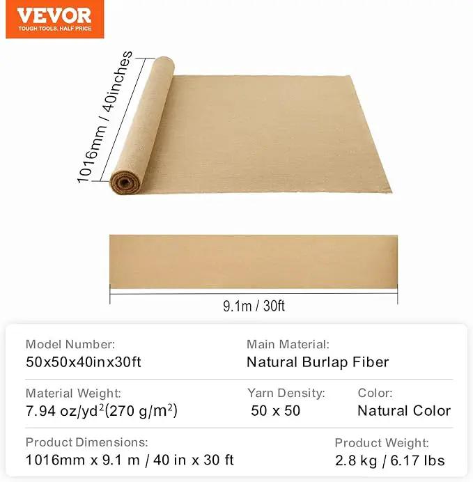 VEVOR Burlap Fabric Roll, 40” x 30 ft High Density Natural Jute Fiber Material for Outdoor Plant Care, Tree Wrap Roll, Decor, DIY Crafts, Wedding, Garden Weed Barrier, Plant & Tree Winter Covering by GreenHaven Gardens