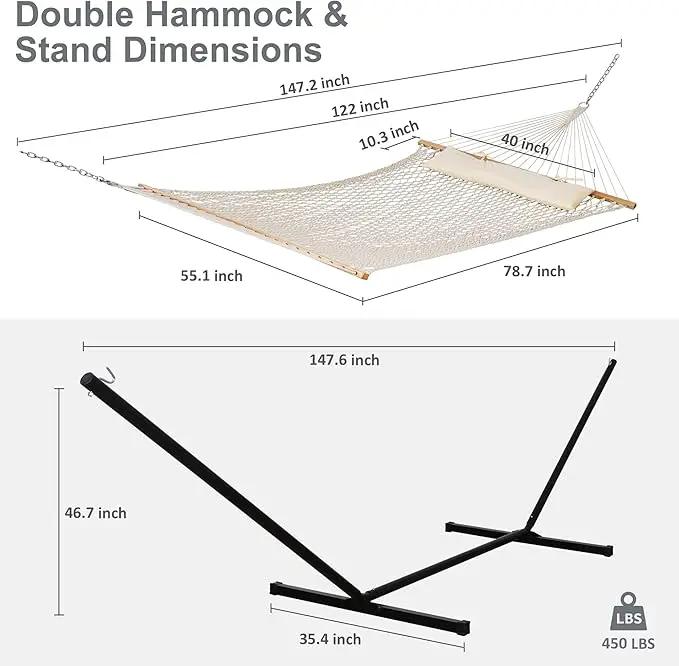 SUNCREAT Double Outdoor Hammock with Stand Included, Portable Cotton Rope 2 Person Hammock for Outdoor, Patio, Garden, Backyard, Beige by GreenHaven Gardens