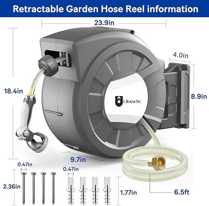 Retractable Garden Hose Reel, 1/2 in x 125 ft Wall Mounted Hose Reel, 10-Pattern Spray Nozzle, Any Length Lock/Slow Return System/Wall Mounted/180°Swivel Bracket by GreenHaven Gardens